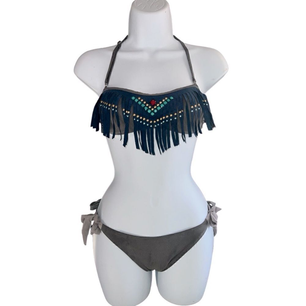 POWER FLOWER Swing-suit Set Bikini Fringes Beads Top Detail Size M Bottom S